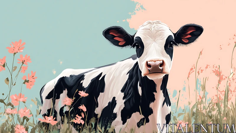 Pastel meadow cow gazes through wildflowers in daydream hush.