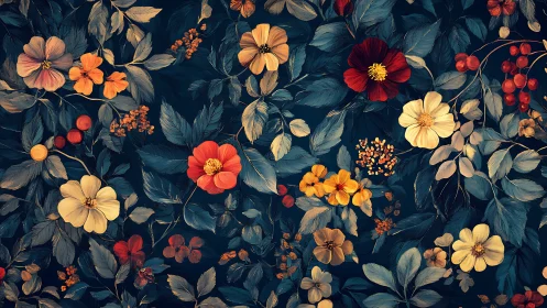 Dark Floral Pattern with Orange, Red, and Yellow Blooms.