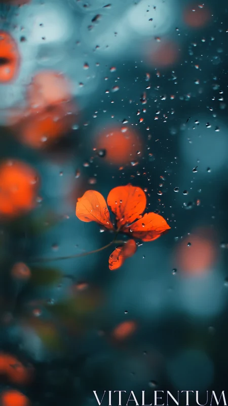 Orange flower under raindrops against teal bokeh background.