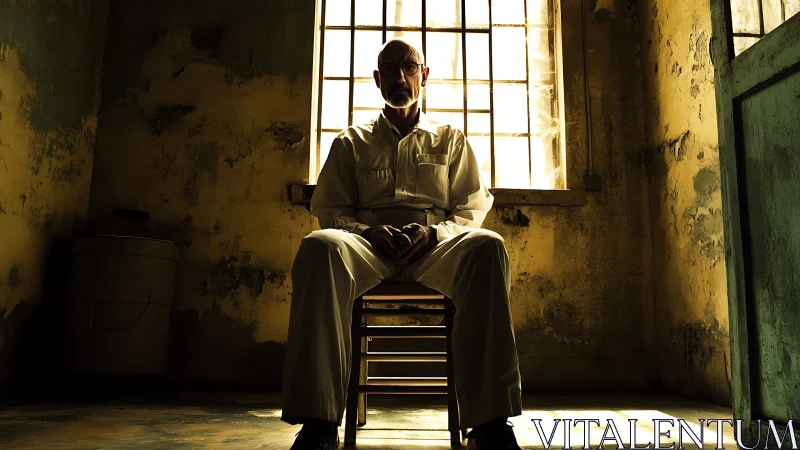 Quiet figure in sunlit prison cell, resting in heavy silence.