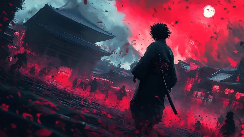 Samurai silhouette traverses ember-lit temple courtyard under blood-red sky
