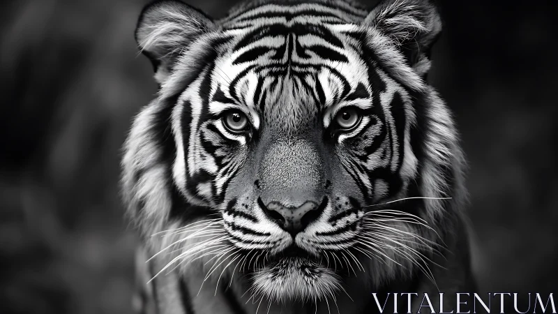 Close black and white portrait of tiger staring forward.