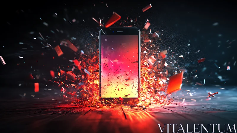 Smartphone stands amid digitally rendered explosive debris field