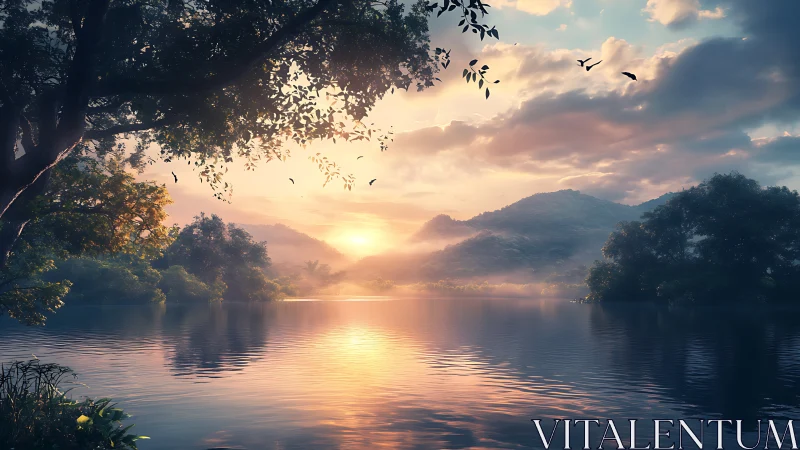 Digital painting of tranquil sunset lake with misty hills.