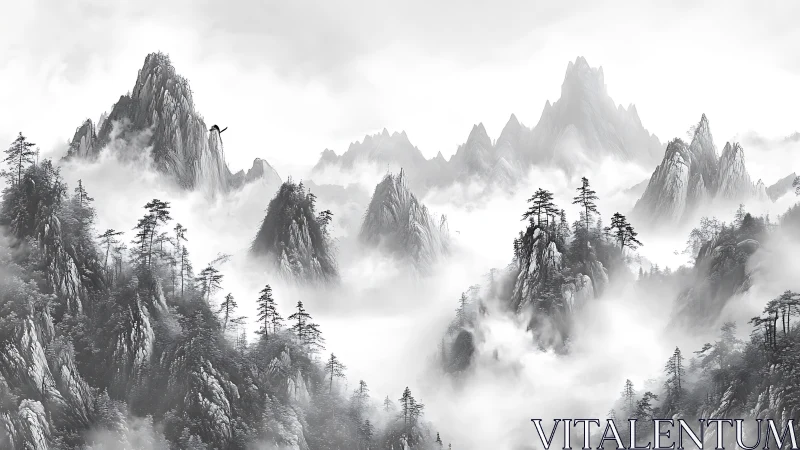 Misty monochrome mountains with pine-covered rock peaks.