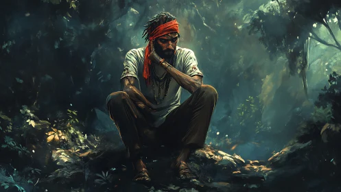 Quiet forest pause shows a thoughtful traveler resting deeply