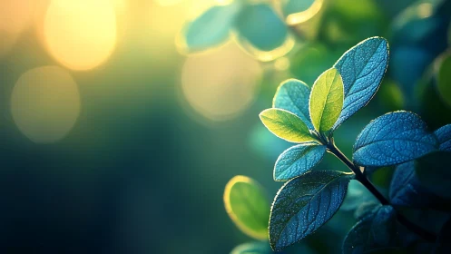 Dewy green leaves in sunlight with soft bokeh background, nature macro.