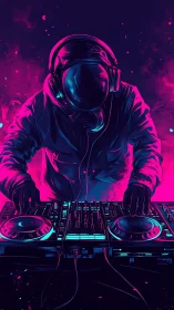 Neon astronaut DJ mixing cosmic beats in vivid magenta glow.