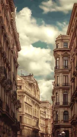Historic European street canyon frames dramatic cloudy sky