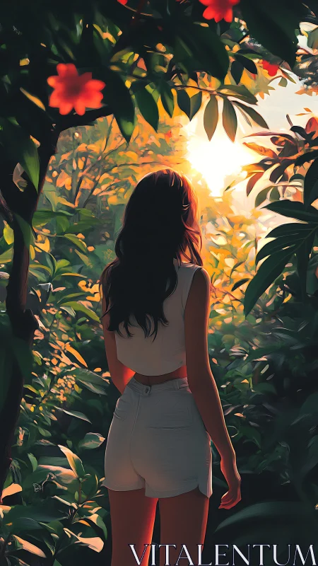Woman in white outfit standing amid dense sunlit foliage.