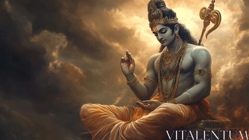 Seated mythological figure in ornate attire amid clouds.