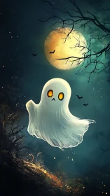 Friendly little ghost drifting under a glowing harvest moon.