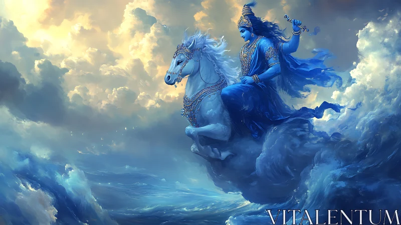 Celestial deity astride luminous horse above stormy sea.