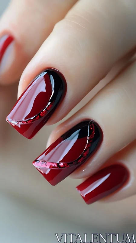 Glossy red and black manicure with sculpted glitter arcs.