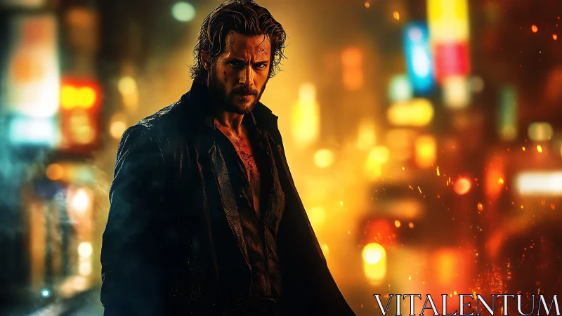 Cinematic neon-noir portrait with bokeh-saturated city grid.