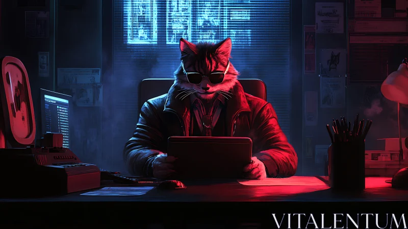 Midnight cyber-sleuth cat coolly cracks codes in neon haze