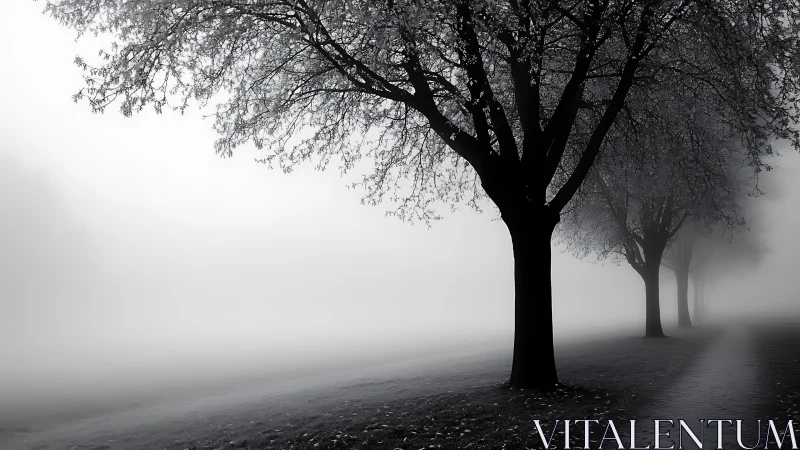 Monochrome avenue of trees recedes into dense atmospheric fog