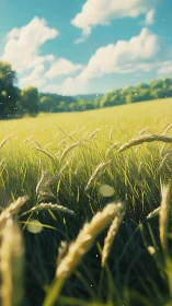 Low-angle wheat field under bright midday sky, shallow focus