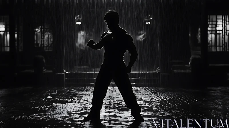 Martial artist silhouette in rain with high contrast lighting