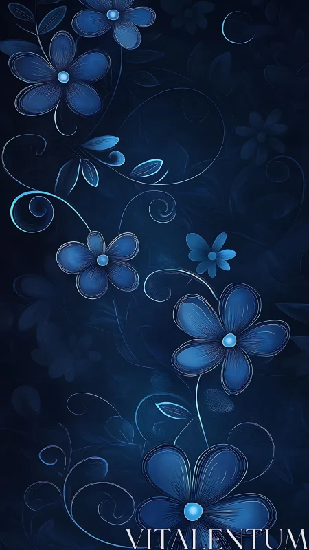 Blue Botanical Vector Illustration with Gradient-Filled Floral Elements on Deep Navy Background