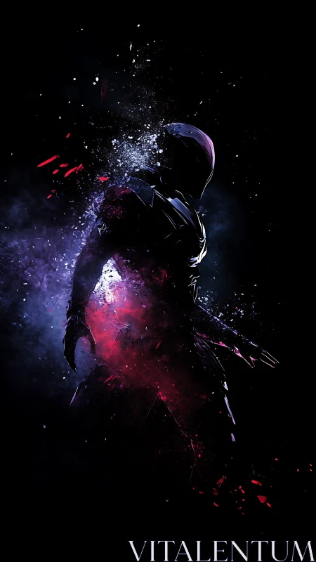 Fragmenting stealth exo-suit figure in nebular chromatic burst.