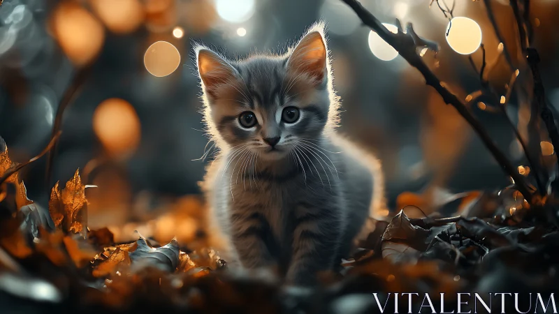 Kitten Emerges Through Golden Autumn Light and Fallen Leaves