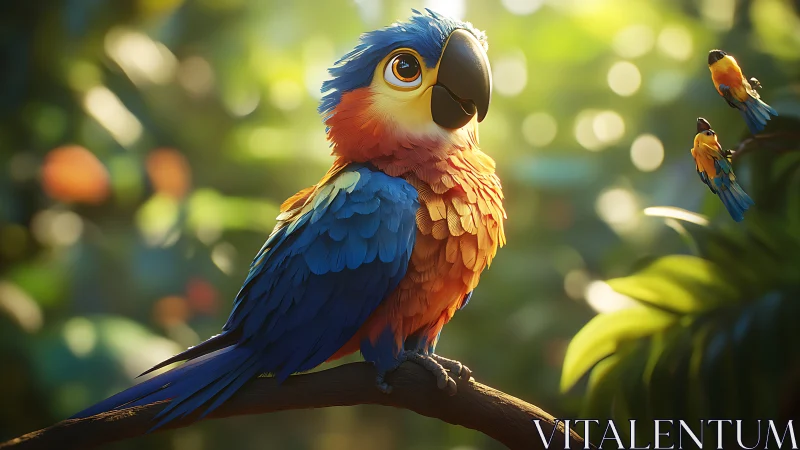 Vibrant Parrot on Branch in Sunlit Jungle, Digital Art Style.