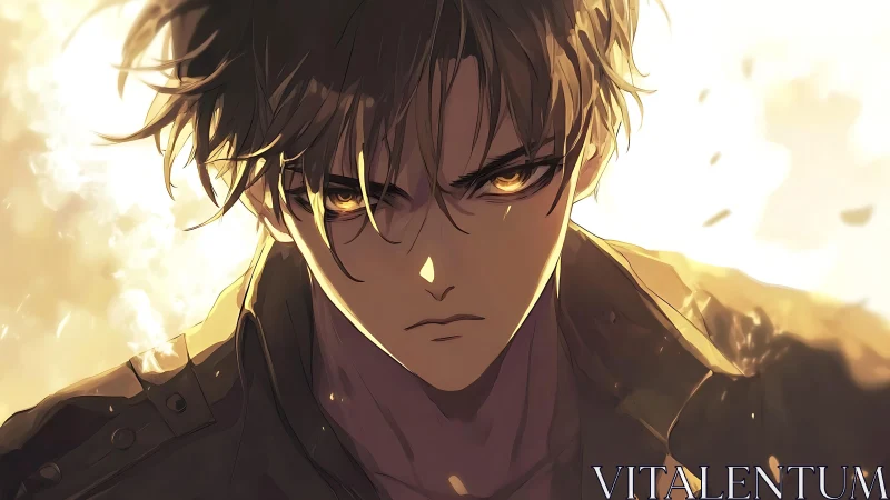 Intense anime boy stares forward against bright backlight