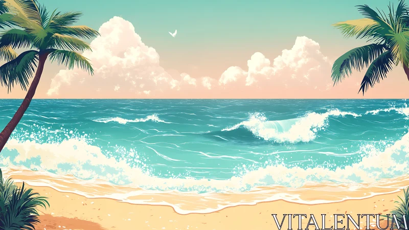 Tropical shoreline panorama with stylized turquoise surf and palms