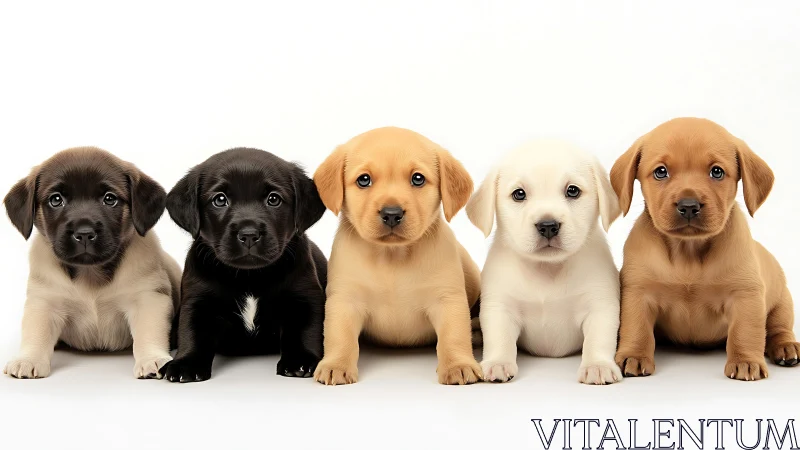 Five Labrador puppies sit in perfect color gradient row.