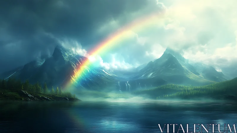 Mountain lake rainbow arcs through stormlit alpine valley.