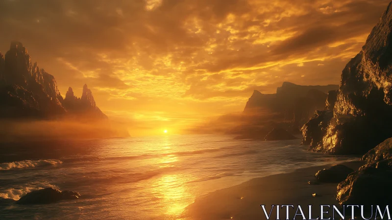 Golden coastal sunset with volumetric mist and reflective wet rocks