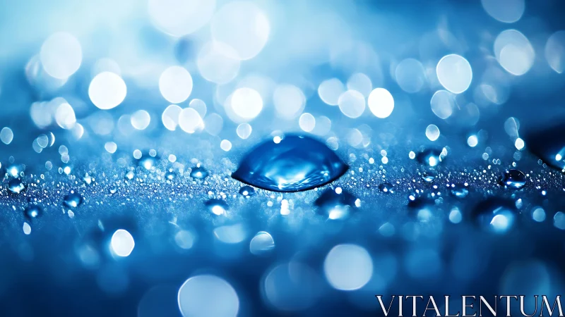 Shimmering macro droplet in luminous blue bokeh field.