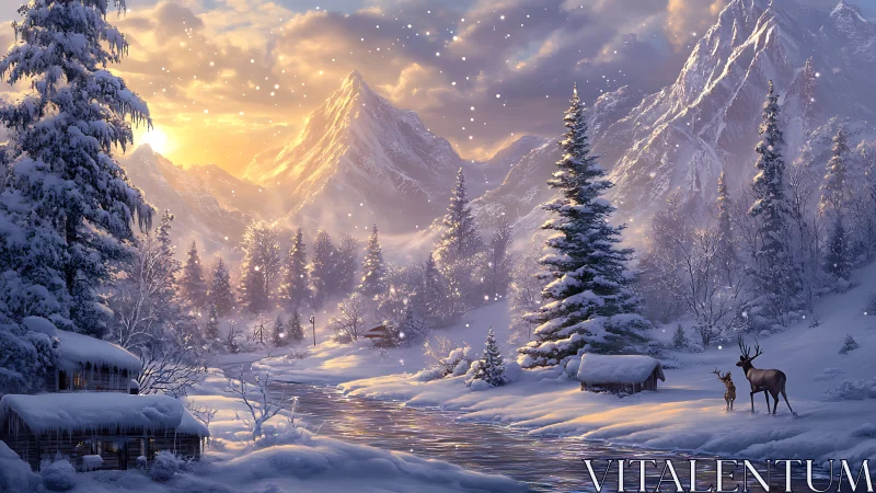 Snowy mountain valley with river, cabins, and wild deer.