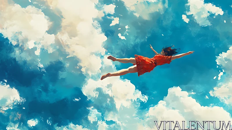 Figure in red dress rendered horizontally within cloud-filled sky