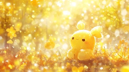 Golden glow surrounds cute bunny-like creature in meadow.