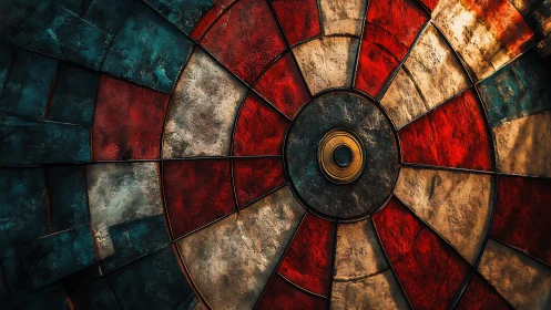 Weathered target wheel with bold radial segments.