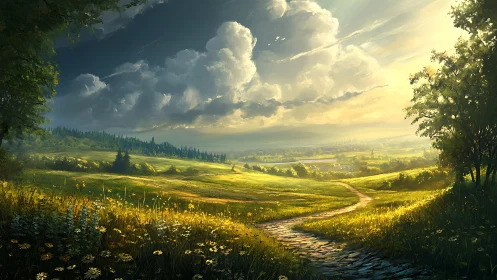 Sunlit country path winds through tranquil green valley.