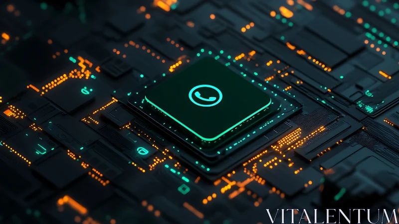 Neon phone chip icon glows over circuit board matrix