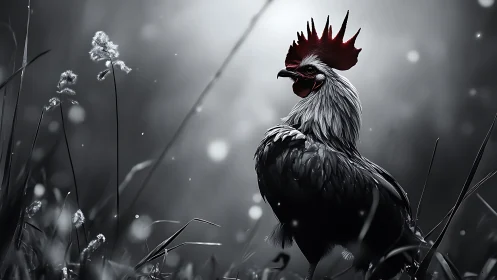 Lone Rooster in Misty Meadow with Crimson Crest.