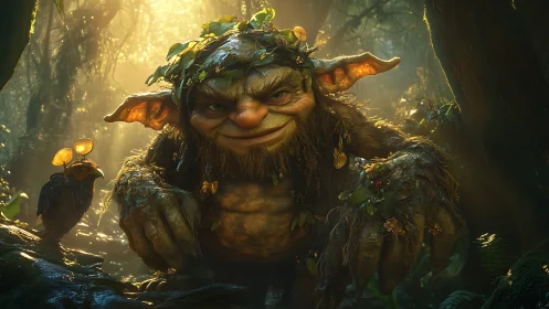Forest goblin crouches in glowing misty woodland glade
