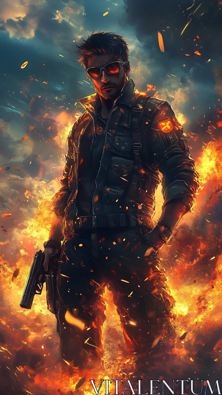 Armed action hero stands in blazing fire and flying embers.