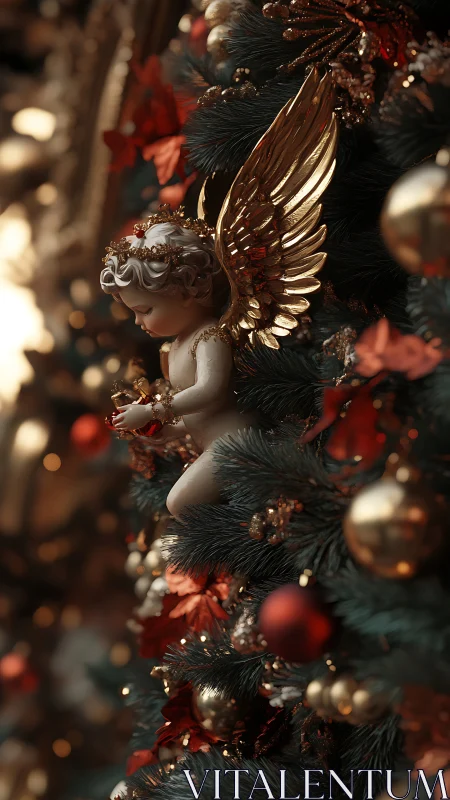 Golden angel ornament nestled in a glowing holiday tree.