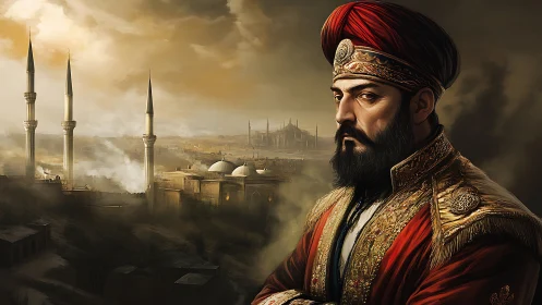Ottoman noble portrait before smoky domed skyline at dusk
