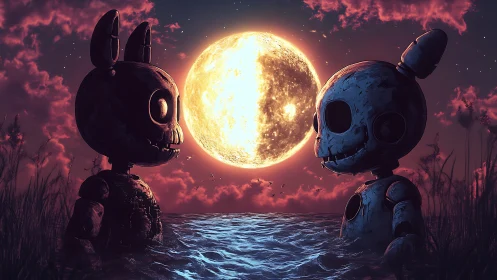 Animatronic moonlit standoff unfolds over eerie, silver sea.