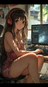 Anime girl in headphones works quietly at a sunny home PC desk