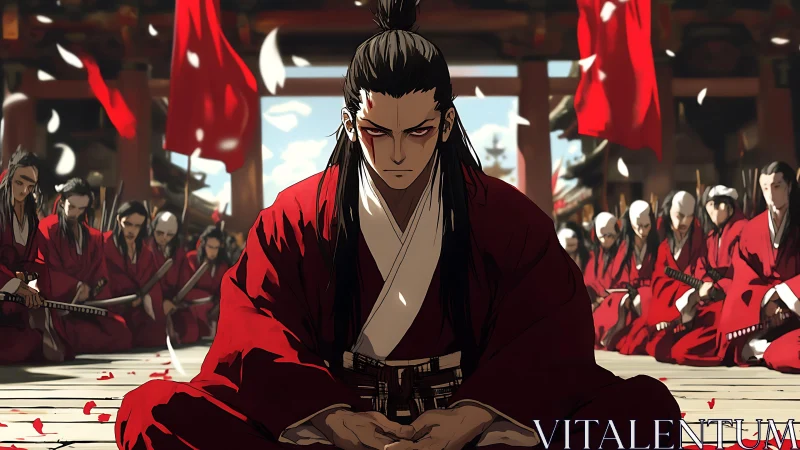 Central samurai leader sits before kneeling red-clad cohort