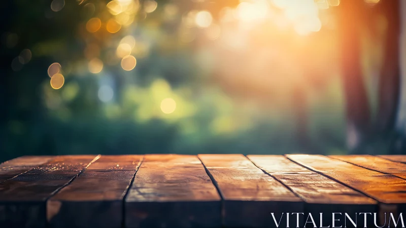 Sunlit wooden tabletop with warm outdoor bokeh glow.
