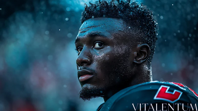 Sweat‑coated football defender in rain‑lit stadium closeup.