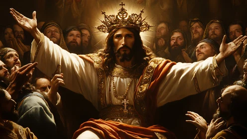 Crowned robed messianic figure enthroned amid adoring crowd